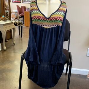 Navy Boho Embroidered V-Neck Dress